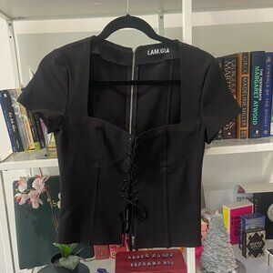 I.AM.GIA Lace up Corset style black short sleeve top